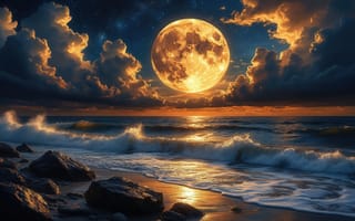 Картинка Луна, полнолуние, океанская стихия, прибрежный пейзаж, 4k, романтика, красота природы, облака, отражение луны, нейросеть, морская ночь, природная красота, спокойствие, лунный свет, звёздное небо, HD, прибой, камни, океан, морская гладь, драматичные облака, ИИ, волны, сияние, море, 16:9, лунный пейзаж, мистическая атмосфера, небесное светило, ночная эстетика, 2k, ночной пейзаж, закатные облака, 1920х1080, берег, рабочий стол, 7к, пляж