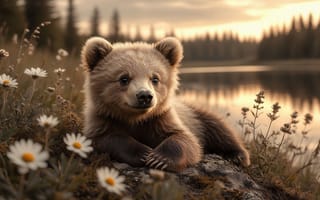 Картинка медвежонок, природа, 1920 1080, лес, природная красота, камни, спокойствие, озеро, цветы, рабочий стол, умиротворение, лесной медвежонок, дикая природа, берег, бурый медвежонок, флора, нейросеть, 16:9, милый, 2k, медвежонок на природе, дикая фауна, закат, пейзаж, детёныш медведя, HD, ромашки, ИИ, летний закат, пушистый, животное, лесная сцена, 4k