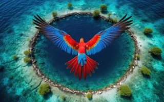 Картинка попугай Ара, полёт, бирюзовый цвет, прозрачная вода, синий, HD, тропический пейзаж, тропический рай, рабочий стол, тропики, свобода, морская гладь, дикая природа, экзотическая птица, природа, круглый остров, 2k, 1920 1080, экзотика, воздушная перспектива, лагуна, райский уголок, яркие перья, крылья, красный, островная экосистема, ИИ, нейросеть, зелёные кусты, красочный, 4k, 16:9, природная гармония