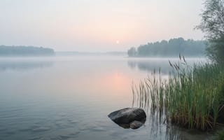 Картинка туман, озеро, прохлада, 16:9, спокойствие, свежесть, лес, рассвет, природа, камыш, гармония, идиллия, вода, рабочий стол, утренний свет, 4k, пейзаж, нейросеть, тростник, камень, HD, 1920 1080, гладь, отражение, берег, умиротворение, 2k, растительность, утренняя дымка, деревья, зелень, тишина, ИИ, солнце
