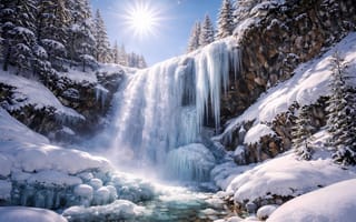 Картинка водопад, зима, полдень, лес, лёд