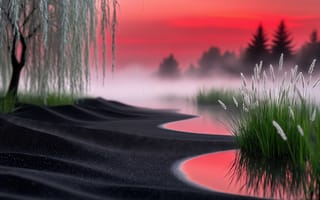 Картинка закат, пейзаж, растительность, изгибы реки, водная гладь, рассвет, река, извилистая река, 16:9, алое небо, зелень, трава, небесная палитра, утренний туман, природа, HD, атмосферность, спокойствие, ива, ландшафт, 4k, 1920х1080, 2k, ИИ, багровый закат, плакучая ива, отражение, природная красота, нейросеть, природная идиллия, утренняя дымка, туман, гармония, рабочий стол, умиротворение, берег, речной пейзаж, водоём