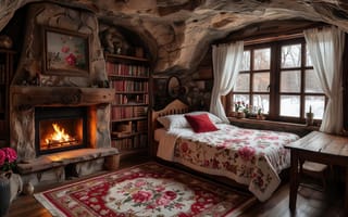 Картинка спальня, интерьер, комфорт, ковёр, книжные полки, зимний пейзаж, кантри, декор, шторы, 16:9, HD, текстиль, скальные стены, деревянная мебель, природа за окном, деревенский стиль, цветочное покрывало, камин, рабочий стол, нейросеть, огонь, тепло, 4k, окно, книги, 2k, цветовые акценты, уют, классика, домашний уют, цветы, пещера, очаг, ИИ, каменный интерьер, полка, 1920 1080