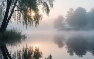 Картинка туман, озеро, ветви, спокойствие, 16:9, гармония, солнечный свет, гладь, ива, рабочий стол, природа, плакучая ива, утренний пейзаж, 4k, красота природы, рассветная сцена, свежесть, зеркальная поверхность, 1920 1080, нейросеть, естественная эстетика, 2k, утренняя дымка, деревья, тишина, утренний свет, вода, пейзаж, рассвет, умиротворённый пейзаж, HD, ИИ, лес, отражение, умиротворение, прохлада, лёгкая дымка, атмосфера