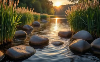 Картинка закат, река, 4k, 1920 1080, водная гладь, 2k, рабочий стол, летний закат, спокойствие, ландшафт, HD, гармония, тростник, водная растительность, гладь, берег, закатное солнце, экосистема, красота, вода, природный, нейросеть, речной пейзаж, зелёные растения, умиротворение, тишина, отражение, естественная сцена, природа, камни, ИИ, пейзаж, экосистема реки, солнечный свет, растительность, 16:9, природная идиллия