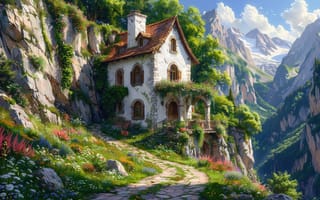 Картинка дом, коттедж, ИИ, альпийские горы, цветы, дверь, романтика, вид на горы, терраса, природа, снежные вершины, HD, каменная дорожка, скалы, зелень, 1920х1080, 16:9, альпийская природа, рабочий стол, растения, 4k, окна, живописный уголок, нейросеть, идилия, балкон, небо, 2k, горный пейзаж, флора, ущелье, каменный дом, облака, черепица, уединение, ландшафт, крыша, вьющиеся растения, архитектура