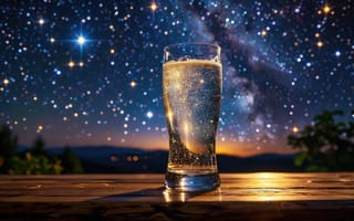 Картинка бокал, напиток, 2k, отражение, стол, 16:9, сияние, пейзаж, романтика, ИИ, уют, расслабляющая сцена, галактика, искрящийся напиток, нейросеть, HD, напиток под звёздами, звёзды, тёмное небо, вечер, небесная красота, шипучка, пузырьки, Млечный Путь, размытый, ночь, звёздное небо, отдых, летний вечер, горизонт, 4k, мерцание, атмосфера, свет, 1920 1080, прохлада, космос, рабочий стол
