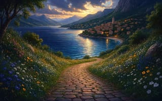 Картинка пейзаж, горы, тропа, долина, живописный, спокойствие, прибрежный городок, холмы, закатное солнце, альпийский вид, озеро, природа, скалы, цветы, закат, 4k, 1920 1080, рабочий стол, 16:9, вода, городок, HD, небо, ландшафт, облака, растительность, отражение, архитектура, полевые цветы, зелень, 2k, ИИ, каменная дорожка, луг, нейросеть, красота, вид на воду
