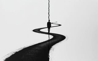 Картинка минимализм, силуэт человека, монохром, HD, визуальная метафора, эстетика, размышления, метафора жизни, изогнутая линия, траектория, арт-графика, ИИ, путь, одиночество, философская графика, дорога судьбы, нейросеть, концептуальное, монохромная эстетика, направление, 1920 1080, 16:9, выбор, символизм, рабочий стол, контраст, творческий минимализм, жизненный путь, композиция, 2k, чёрно-белое искусство, символика пути, художественный минимализм, абстрактная дорога, образ путешественника, 4k