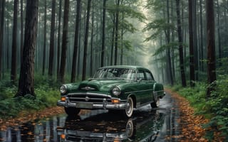 Картинка ретро-автомобиль, классический автомобиль, нейросеть, живописный пейзаж, высокие деревья, природа, лесной пейзаж, элегантность, отражение в воде, лужи, спокойствие, осенняя листва, хвойный лес, влажный воздух, HD, ИИ, винтажная машина, осенняя природа, лес, ретро-стиль, 4k, ностальгия, дорога в лесу, мокрая дорога, 16:9, атмосфера уединения, тишина леса, 1920 1080, классика, рабочий стол, автопутешествие, путешествие, 2k, зелёный автомобиль, туманный лес