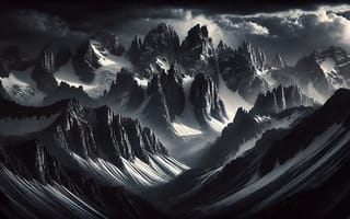 Картинка горы, пейзаж, зима, чёрно-белое, восход