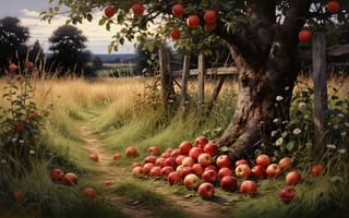 Картинка яблоня, яблоки, спокойствие, 1920 1080, 2k, ромашки, сельская местность, листва, пейзаж, естественная красота, натюрморт, плоды на земле, природа, тропинка, урожайный сезон, кустарники, зелень, плоды под деревом, дерево, ягоды, сельский пейзаж, деревенская сцена, ИИ, 4k, плоды, нейросеть, трава, HD, рабочий стол, цветы, забор, урожай, сад, идилия, картина, поле, 16:9, осень