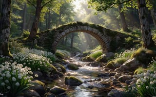 Картинка лес, каменный мост, старина, 2k, умиротворение, дикий уголок, HD, мох, живописный вид, флора, спокойствие, свет и тень, вода, архитектура, ИИ, утренний свет, солнечный свет, нейросеть, атмосфера, 16:9, камни, рабочий стол, зелень, 4k, 1920 1080, белые цветы, цветы, природная красота, лесной пейзаж, тени, арочный мост, тенистая роща, природа, экосистема, гармония, ручей, ландшафт