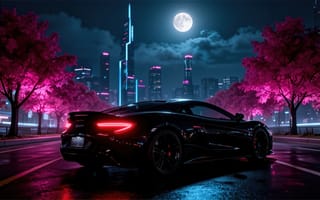 Картинка спорткар, Киберпанк, мегаполис, HD, ночная сцена, неоновый город, 4k, город будущего, городские огни, скорость, 16:9, ночная улица, полная луна, розовые деревья, рабочий стол, стиль, лунный свет, эстетика ночи, неоновая эстетика, технологии, городской пейзаж, автомобиль, отражения, эстетика, неоновые огни, чёрный автомобиль, ИИ, футуризм, урбан-арт, нейросеть, дизайн, 2k, урбанистика, атмосфера, небоскрёбы, мокрая дорога, 1920х1080
