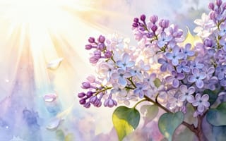 Картинка сирень, акварель, рассвет, утренний свет, искусство, картина, 16:9, красота, 4k, 2k, HD, свет, природа, ветка, эстетика, рабочий стол, гармония, цветение, художественная иллюстрация, ботанический рисунок, композиция, нейросеть, солнечные лучи, ботаника