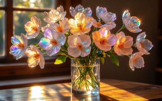 Картинка стеклянные цветы, хрустальные цветы, радужные блики, утренний свет, красота природы, солнечный свет, сияние, ваза, рабочий стол, ИИ, 2k, декор, окно, домашний уют, интерьер, нежные лепестки, вода в вазе, преломление света, переливы, 16:9, HD, 4k, цветы в вазе, художественная композиция, букет, эстетика, прозрачная ваза, 1920 1080, зелень листьев, художественная, нейросеть, деревянный стол, оранжевые сердцевины, натюрморт