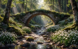 Картинка мост, каменный мост, гармония, лучи солнца, лес, экосистема, ландшафт, фотопейзаж, флора, арка, романтика, пейзаж, белые цветы, 2k, природа, 16:9, естественная красота, солнечный свет, спокойствие, лесная сцена, нейросеть, ручей, тени, умиротворение, камни, 1920 1080, растительность, зелень, идилия, мох, рабочий стол, цветы, утренний свет, HD, 4k, журчание, атмосфера, ИИ