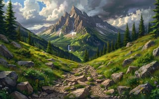 Картинка горы, долина, снежные пятна, камни, пики, вершины, растительность, суровая красота, рабочий стол, цветы, альпийская местность, нейросеть, тропа, пейзаж, рельеф, природа, ИИ, 1920 1080, ландшафт, хвойный лес, естественная, горный хребет, сосны, небо, тропинка, облака, дикая природа, скалы, хвойные деревья, зелень, луга, 2k, 4k красота, панорамный вид, ели, 16:9, HD