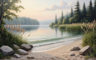 Картинка озеро, берег, лес у воды, камни, вода, растительность, 2k, пейзаж, ландшафт, деревья, волны, спокойствие, природа, песок, закат, кустарники, нейросеть, ИИ, HD, прибрежная зона, камыш, отражение, трава, береговая линия, 4k, живописный вид, 16:9, рассвет, умиротворение, рабочий стол, хвойный лес, естественная красота, ели, сосны, экосистема, 1920х1080, зелень