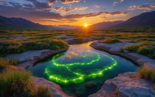 Картинка закат, пейзаж, флора, природное чудо, светящаяся вода, сумеречный пейзаж, биолюминесценция, рабочий стол, 4k, экосистема, берег, камни, световые узоры, отражение, 2k, долина, зелёные огни, облака, 1920 1080, водоток, 16:9, горы, нейросеть, солнце, спокойствие, сияние, рассвет, трава, водоём, умиротворение, красота, ИИ, поле, природа, дикая природа, горный ландшафт, река, HD