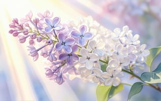 Картинка сирень, цветы, природа, композиция, изящество, рабочий стол, цветение, ботаника, бутоны, листья, пастельные тона, свет, макросъёмка, свежесть, нежные оттенки, 16:9, пастель, сиреневые цветы, художественная иллюстрация, эстетика, весна, 1920х1080, зелень, флора, лепестки, нейросеть, 4k, лучи солнца, 2k, ИИ, красота, соцветие, белый цвет, романтика, ботанический арт, HD, цветочный натюрморт, фиолетовый