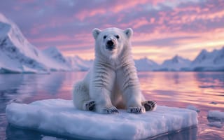 Картинка белый медведь, льдина, нейросеть, таяние льда, 16:9, суровая красота, HD, 4k, закат, горы, 2k, лёд, красота природы, ледяные горы, животное, холод, вода, тающая льдина, дикий зверь, полярные просторы, арктический пейзаж, северное сияние, 1920 1080, дикая природа, природа, спокойствие, отражение в воде, розовая заря, ИИ, Арктика, пейзаж, север, снег, рабочий стол, полярные регионы, млекопитающее, хищник