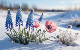 Картинка мускари, анемона, сезонный контраст, ранняя весна, зимний пейзаж, пейзаж, снег, весенняя свежесть, природа, весна, мороз, нежные цветы, ботаника, рабочий стол, природная палитра, 2k, ландшафтная, цветение весной, гармония природы, красота природы, 1920 1080, 16:9, контраст, флора, голубые соцветия, снежный покров, цветение, розовые лепестки, пробуждение природы, цветы в снегу, HD, 4k, нейросеть, ИИ, первоцветы