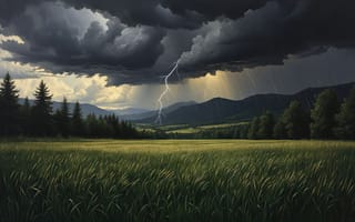 Картинка гроза, молния, лес, 4k, природная стихия, сельская местность, природа, хвойные деревья, трава, молния в облаках, шторм, облака, зелёный ландшафт, погодные явления, поле, рабочий стол, закат за облаками, 1920х1080, атмосферная сцена, драматичный пейзаж, дождь, холмы, тёмные облака, ливень, грозовое небо, художественный пейзаж, сельские просторы, нейросеть, HD, 2k, 16:9, горы, ели, пейзаж, ИИ, мощь природы