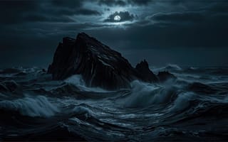 Картинка шторм, океан, буря, мощь, HD, 1920х1080, волны, сила, 16:9, красота, контраст, гроза, драматизм, Луна, нейросеть, вода, облака, тьма, пена, динамика, опасность, мрачность, 2k, ИИ, свет, море, 4k, небо, прилив, пейзаж, горизонт, рабочий стол, природа, стихия, ночь, романтика, скала