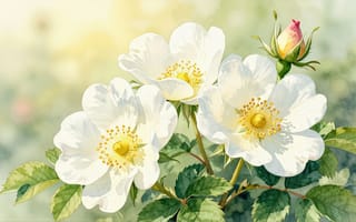 Картинка акварель, цветы, 16:9, жёлтые тычинки, листья с прожилками, роза, бутон, белые цветы, летний пейзаж, нейросеть, зелёные листья, акварельная техника, лепестки, цветочный натюрморт, природа, ботаническая иллюстрация, флора, 2k, растительный орнамент, флористический мотив, 1920х1080, свет, ботаника, художественная графика, HD, композиция, художественная роспись, нежность, мягкость линий, детализация, изящество, рабочий стол, ИИ, 4k, пастельные тона, шиповник, природная эстетика