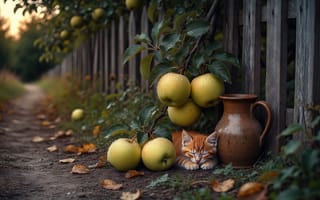 Картинка котёнок, рыжий, спокойствие, гармония, деревенский стиль, дорожка, рабочий стол, HD, деревенская сцена, 1920х1080, закатное солнце, идиллия, кувшин, листва на земле, сон, спелые плоды, дерево, сельская местность, ИИ, 16:9, уют, 4k, забор, осенняя атмосфера, натюрморт, натюрморт на природе, осень, 2k, аграрный пейзаж, яблоня, глина, тепло, природа, листва, яблоки, нейросеть, умиротворение