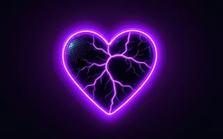 Картинка неоновое сердце, разбитое сердце, романтика с оттенком драмы, сияние неона, эмоциональная символика, абстрактное сердце, световые эффекты, арт-изображение, дизайн для постера, визуализация эмоций, электрический разряд, энергия в сердце, фиолетовое сердце, цифровая эстетика, трещины на сердце, символика боли, графический символ, рабочий стол, световые трещины, эмоциональная боль, 4k, трещины как метафора, сердце с молниями, символика любви, тёмный, нейросеть, ИИ, футуристический дизайн, 