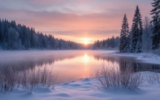 Картинка зима, рассвет, отражение, лес, розовые оттенки неба, солнечные лучи, зимний пейзаж, спокойствие, замёрзшая вода, тишина, спокойствие природы, мороз, нейросеть, ели, холод, озеро, 1920 1080, 2k, рабочий стол, красота, ИИ, 16:9, заснеженные кусты, гармония, естественная красота, заснеженные деревья, природа, умиротворение, хвойный бор, зимняя идиллия, морозное утро, туман над водой, HD, снег, утренний свет, 4k