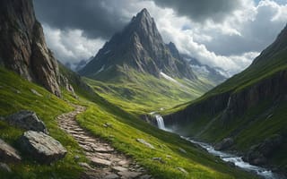 Картинка горы, долина, нейросеть, величественность, горный ручей, тропа, бурлящая вода, зелёная трава, свежесть, высота, каменистая тропа, альпийский пейзаж, горный хребет, суровая красота, HD, скалистые склоны, 16:9, ландшафт, зелень, простор, дикая природа, природа, пики, вершины, облака, водопад, 4k, скалы, журчание воды, рабочий стол, 1920 1080, ИИ, пейзаж, приключения, 2k, извилистая дорога