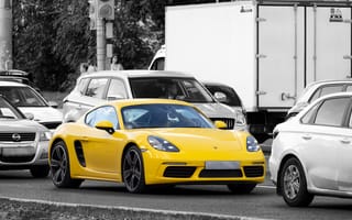 Картинка автомобили, дорога, улица, Porsche Cayman, город, жёлтый