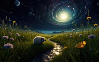 Картинка ёжик, луг, воронка, животное, волшебство, планеты, ИИ, рабочий стол, 16:9, космическая сцена, природа, ночное небо, эстетика, полевые цветы, фантастика, сюрреализм, фантастический мир, 1920х1080, трава, галактика, дикая природа, космос, умиротворение, 2k, приключения, цветы, Вселенная, ручей, нейросеть, луговая флора, поле, звёздный вихрь, пейзаж, HD, 4k, звёзды, космическая эстетика, звёздное небо