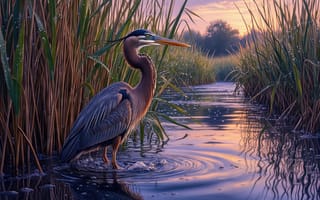 Картинка цапля, водоём, экосистема, птица, отражение заката, 4k, перья серо-голубого оттенка, водно-болотные угодья, спокойствие, естественная среда, дикая природа, нейросеть, природная красота, болото, закат, рябь на воде, гармония природы, болотная птица, длинная шея, 2k, длинный клюв, живописный пейзаж, 1920х1080, дикая фауна, вода, прибрежная зона, 16:9, отражение, рассвет, рабочий стол, клюв, тростник, ИИ, HD, природа, камыш, перья