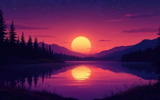 Картинка закат, озеро, водная гладь, пейзаж на закате, красота заката, синтезатор, сумеречная эстетика, фиолетовые оттенки, сосны, рабочий стол, вечерний пейзаж, закатная палитра, сумрак, природная красота, ИИ, отражение, силуэты деревьев, горный ландшафт, 16:9, отражение солнца, synthwave-арт, 2k, 4k, нейросеть, хвойный лес, HD, 1920 1080, эстетика природы, спокойствие, розовые тона, атмосферный, природа, солнце, умиротворение, горы, художественная графика, звёздное небо, цветовая гамма