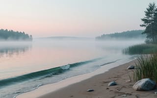 Картинка озеро, туман, сосновый бор, камыши, 1920 1080, свежесть, природная гармония, естественная красота, лесной берег, атмосферность, HD, волны, камни, 2k, утренняя дымка, тишина, дикая природа, прибрежная линия, 4k, лёгкая рябь, гладь воды, спокойствие, 16:9, хвойный лес, отражение, умиротворение, рассвет, песок, нейросеть, рабочий стол, ИИ, утренний пейзаж, сосны, берег, прохлада, природа
