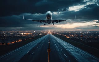 Картинка самолёт, взлёт, нейросеть, дорожная разметка, горизонт, городской пейзаж, перспектива, полёт, облака, ночь, сумрак, траектория, 16:9, взлётно-посадочная полоса, огни, двигатели, шасси, 2k, транспорт, крылья, трасса, ИИ, закат, рабочий стол, HD, путешествие, город, 1920х1080, высота, небо, авиалайнер, урбанистический пейзаж, световые дорожки, 4k, посадка, авиация, аэропорт