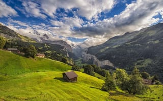 Картинка Венген, деревья, домики, горы, пейзаж, Швейцария