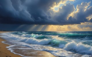 Картинка море, волны, свет, морская гладь, атмосферный снимок, драматичный пейзаж, морская стихия, прибой, пена, 1920х1080, прибрежный пейзаж, тучи, 4k, рабочий стол, стихия, ИИ, облака, HD, шторм, берег, вода, песок, океан, свет и тень, 16:9, закат, мощь океана, 2k, природа, буря, горизонт, красота природы, контраст, нейросеть, прибрежная линия, лучи солнца, небо, морской закат