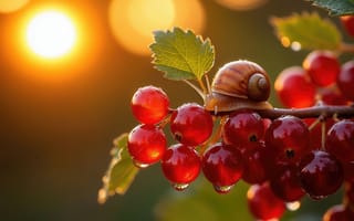 Картинка улитка, смородина, тепло, природа, солнце, сочные ягоды, закат, ИИ, умиротворение, природная сцена, ветка, листья, солнечный свет, лето, 2k, ягоды, гармония, красная смородина, размытый, 4k, HD, рабочий стол, детали природы, нейросеть, растительность, ботаника, фауна, фотоискусство, спокойствие, 1920 1080, золотистый свет, естественная красота, 16:9, макросъёмка, капли росы, свежесть, натюрморт