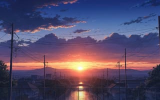 Картинка закат, небо, линии электропередач, речной пейзаж, солнце, силуэты, урбанистика, городской пейзаж, горы, тени, река, вечер, закатное небо, световые блики, здания, HD, пейзаж, тёплые оттенки, горизонт, нейросеть, город, розовый, красота, облака, оранжевый, умиротворение, природа, сумерки, 4k, 16:9, атмосфера, 1920 1080, ИИ, архитектура, отражения, 2k, рабочий стол, спокойствие