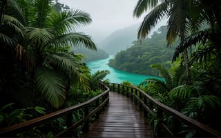 Картинка тропики, джунгли, тропический лес, ИИ, ландшафт, свежесть, густая листва, умиротворение, зелень, 2k, бирюзовая вода, изгибы реки, река, горы, влажность воздуха, экотуризм, экосистема, деревянный мост, пальмы, HD, панорамный вид, влажность, тропинка, тропический пейзаж, экзотика, природа, туман, природная красота, нейросеть, 1920х1080, тропическая флора, ограждение, растительность, рабочий стол, 4k, лес, 16:9