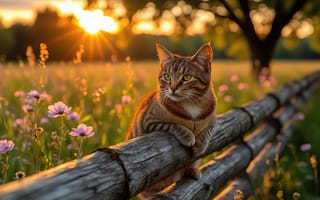 Картинка кот, кошка, деревенская идиллия, закат, полевые цветы, кошачья грация, флора, тёплые оттенки, усатый друг, солнечный свет, ИИ, 4k, умиротворение, рыжая кошка, зелень, живописный вид, природа, поле, 2k, сельский пейзаж, дикая природа, спокойствие, солнце, взгляд в сторону, золотистое освещение, деревянный забор, гармония, 1920х1080, нейросеть, HD, размытый, трава, цветы, лето, рассвет, рабочий стол, 16:9