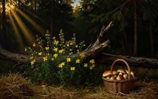 Картинка лес, корзина, подлесок, ИИ, умиротворение, цветы, композиция, 1920х1080, боровики, 2k, солнечные лучи, летний лес, лесной натюрморт, плетёная корзина, флора, нейросеть, дикая природа, хвоя, рабочий стол, художественная сцена, солома, натюрморт, зелень, естественная красота, лесной пейзаж, жёлтые цветы, HD, грибы, 16:9, свет, упавшее дерево, грибная охота, закат, тени, природа, сосны, 4k