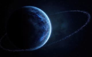 Картинка космос, планета, космическая пыль, звезды, экзопланета, фантастика, кольцо Сатурна, 1920х1080, арт, темнота, вселенная, цифровая графика, синий цвет, мистика, полумесяц, газовый гигант, глубина, светящийся контур, атмосфера, тень, заставка, звездное небо