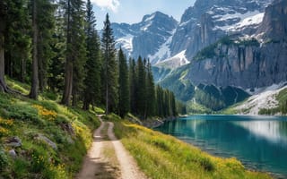 Картинка горы, озеро, скалистые вершины, долина, рабочий стол, жёлтые цветы, природа, хвойный лес, 2k, туристическая тропа, хвойная роща, нейросеть, солнечный свет, живописный вид, HD, лес у воды, ели, зелёная трава, пейзаж, горный ландшафт, красота Альп, панорамный вид, 16:9, спокойствие, 4k, чистота природы, отражение, 1920 1080, горный массив, горное озеро, альпийская природа, ИИ, Доломитовые Альпы, зелёные склоны, хвойные деревья, тропа, бирюзовая вода