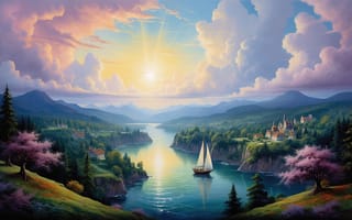 Картинка пейзаж, река, облака, отражение, солнце, спокойствие, парусник, сакура, небо, свет, 1920 1080, цветущие деревья, замок, нейросеть, 16:9, 4k, закат, долина, HD, романтичный пейзаж, зелень, холмы, рабочий стол, деревья, 2k, берег, красота природы, тени, горы, флора, живописный вид, панорамный вид, архитектура у воды, ИИ, архитектура, вода, горизонт, природа